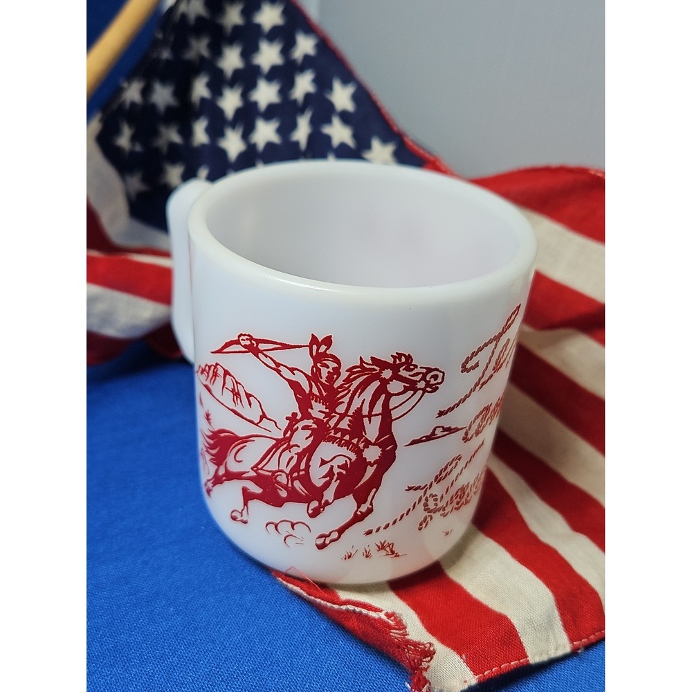 Hazel-Atlas Tex Ritter Cowboy Mug TEX & HAWK Indian Milk Glass 1950s Child's Cup